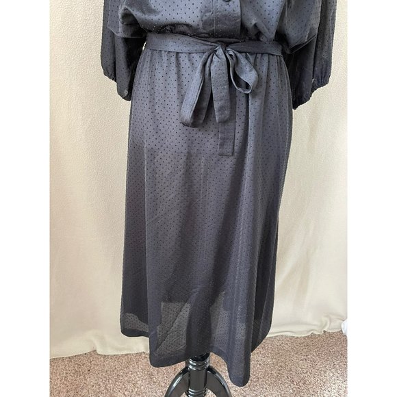 Vintage Black Sheer Embossed Polka Dot Pleated Half Button Down Tie Waist Dress - Picture 3 of 12